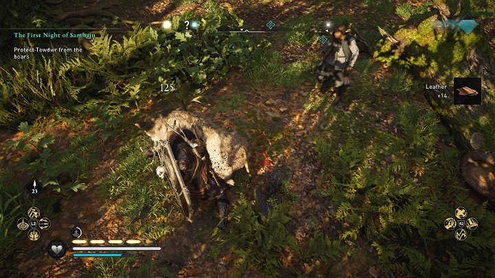 W trakcie gdy Tewdwr będzie się modlił, do kapliczki podejdą rozwścieczałem dziki, które od razu zaatakują - Assassins Creed Valhalla: Pierwsza noc Samhain - solucja, opis przejścia - Assassins Creed Valhalla - poradnik do gry
