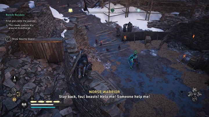 Przybyszów, którzy hałasują i sprawiają problemy znajdziesz na całym obszarze osady Hemthorpe, niekiedy w dziwnych miejscach - Assassins Creed Valhalla: Pijani łupieżcy/Rowdy Raiders - solucja - Assassins Creed Valhalla - poradnik do gry