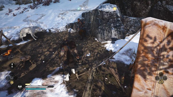 Gdy podciągniesz wilka do obozu chłopaka poczekaj aż ten chwyci za broń i rzuci się do walki - Assassins Creed Valhalla: W pogoni za honorem/The Hunt for Honor - solucja - Assassins Creed Valhalla - poradnik do gry