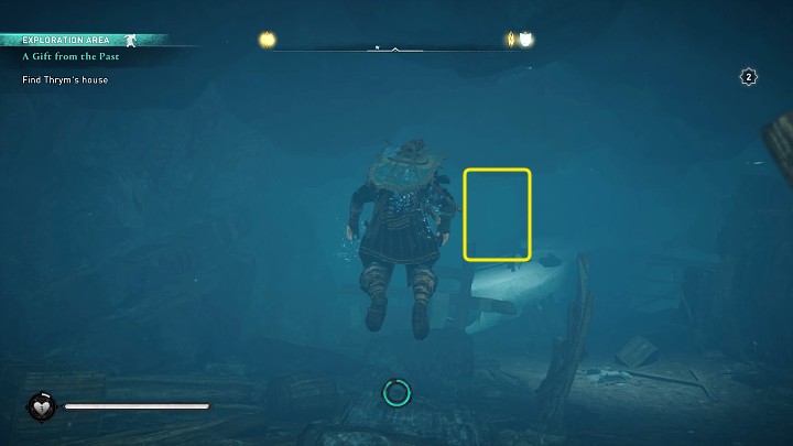 Gdy będziesz pod wodą, wpłyń w drzwi zaznaczone na powyższym obrazku i płyń dalej przed siebie - Assassins Creed Valhalla: Dar z przeszłości/A Gift from the Past - solucja - Assassins Creed Valhalla - poradnik do gry