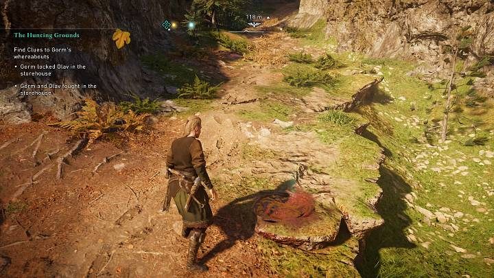 Gdy wyjdziesz z jaskini zauważysz krwawe ślady, najprawdopodobniej pozostawione przez Olava - Assassins Creed Valhalla: Tereny łowieckie/The Hunting Grounds - solucja - Assassins Creed Valhalla - poradnik do gry