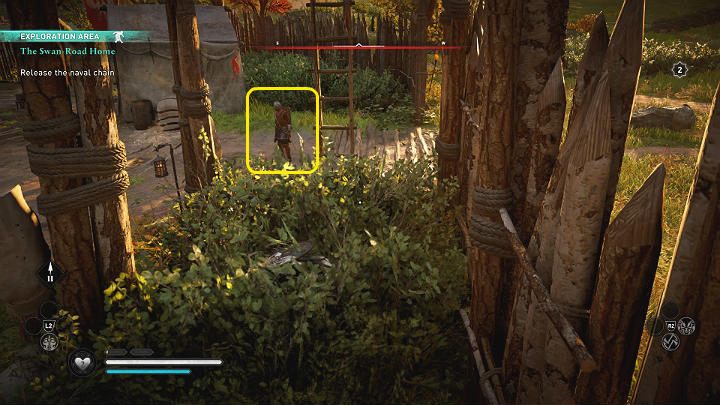 Trzymając się krzaków podejdź blisko głównego wejścia do obozu - Assassins Creed Valhalla: Szlakiem łabędzi/The Swan-Road Home - solucja - Assassins Creed Valhalla - poradnik do gry