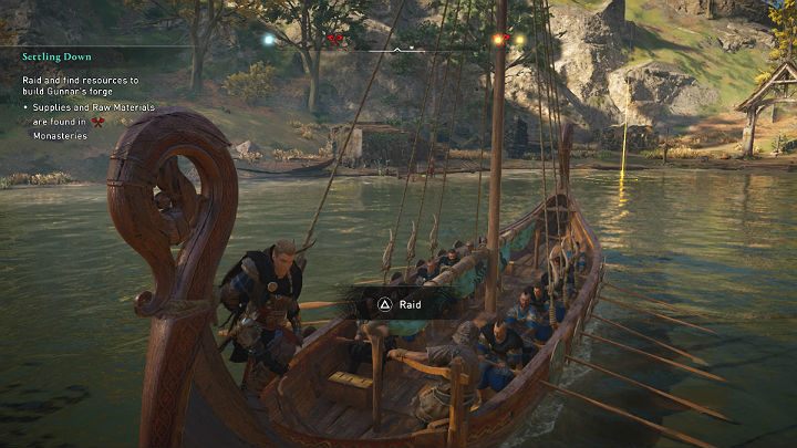Po dopłynięciu do brzegu ustaw się dziobem łodzi w stronę żółtego znacznika i rozpocznij Najazd (Raid) - Assassins Creed Valhalla: Zapuszczanie korzeni/Settling Down - solucja - Assassins Creed Valhalla - poradnik do gry