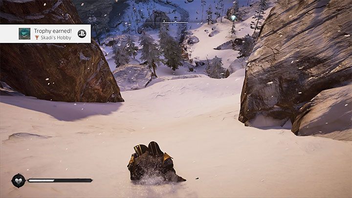 Jeśli wszystko wykonałeś zgodnie z planem, to trofeum odblokuje się tuż po zakończeniem zjazdu - Assassins Creed Valhalla: Ulubiona rozrywka Skadi - jak zdobyć trofeum? - Assassins Creed Valhalla - poradnik do gry
