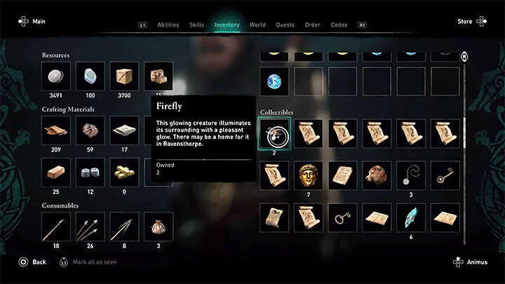 Udane łowy znajdą swoje potwierdzenie w torbie Eivora - świetlik(i) powinien znaleźć się w sekcji ze znajdźkami - Assassins Creed Valhalla: Od razu jaśniej - jak zdobyć trofeum? - Assassins Creed Valhalla - poradnik do gry