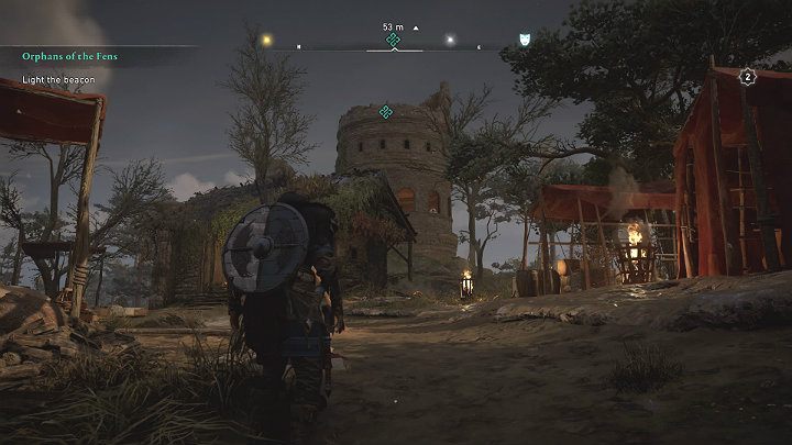 Pierwszy etap zadania Zagubieni na mokradłach (Orphans of the Fens) jest bardzo prosty, wystarczy wdrapać się na pobliską wieżę i zapalić latarnię - Assassins Creed Valhalla: Zagubieni na mokradłach/Orphans of the Fens - solucja - Assassins Creed Valhalla - poradnik do gry