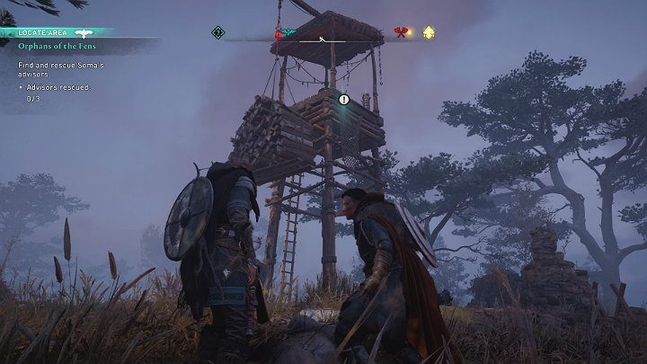 Gdy walka dobiegnie końca wdrap się na drewnianą wieżę obserwacyjną i pomóż mężczyźnie wstać - Assassins Creed Valhalla: Zagubieni na mokradłach/Orphans of the Fens - solucja - Assassins Creed Valhalla - poradnik do gry