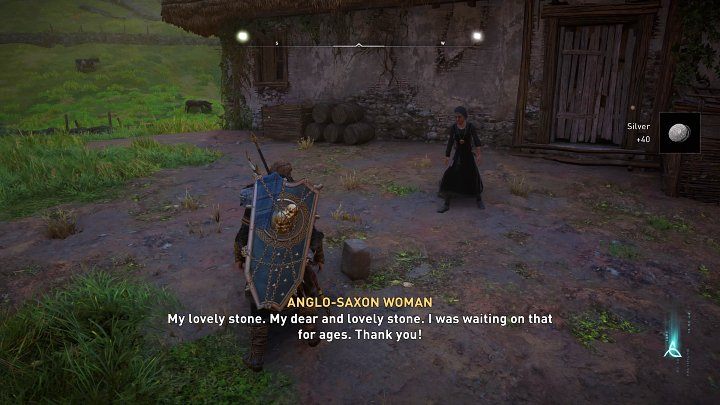 Na powyższym obrazku można zauważyć kobietę, która odbierze kamienną płytę (Stone slab) - Assassins Creed Valhalla: Oczekujące dostawy/Pending Deliveries - solucja - Assassins Creed Valhalla - poradnik do gry
