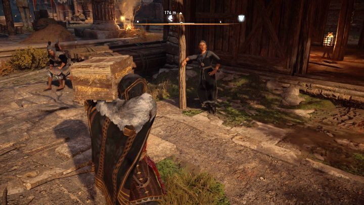 Na powyższym obrazku można zauważyć kobietę, która odbierze skrzynię z miskami (Crate of Bowls) - Assassins Creed Valhalla: Oczekujące dostawy/Pending Deliveries - solucja - Assassins Creed Valhalla - poradnik do gry