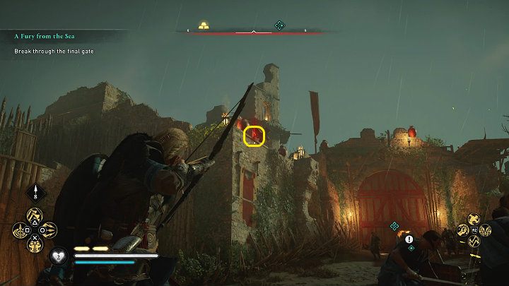 Na murach umiejscowiono drewniane wyrzutnie strzał, które można zniszczyć - Assassins Creed Valhalla: Gniew morza/A Fury from the Sea - solucja - Assassins Creed Valhalla - poradnik do gry
