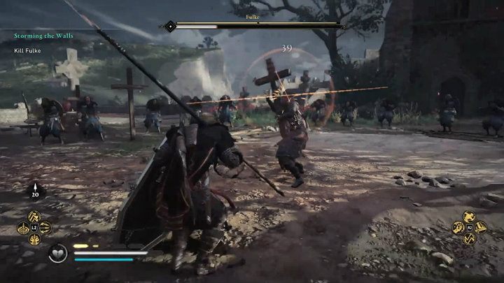 Gdy walka przeniesie się na plac przed kościołem Fulke będzie walczyć sporych rozmiarów drewnianym krzyżem - Assassins Creed Valhalla: Szturm na mury/Storming the Walls - solucja - Assassins Creed Valhalla - poradnik do gry