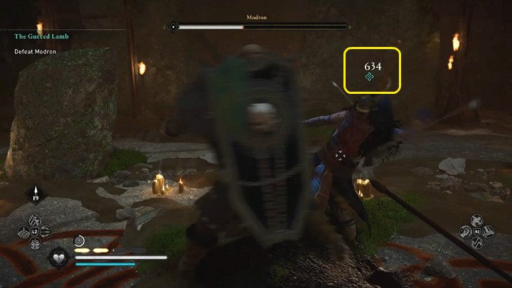 Gdy przeciwnik zostanie ogłuszony będziesz mieć szansę wyprowadzenia potężnego ataku, który natychmiast uszczupli pasek zdrowia bossa o około 1/4 - Assassins Creed Valhalla: Jak jagnię na rzeź/The Gutted Lamb - solucja - Assassins Creed Valhalla - poradnik do gry