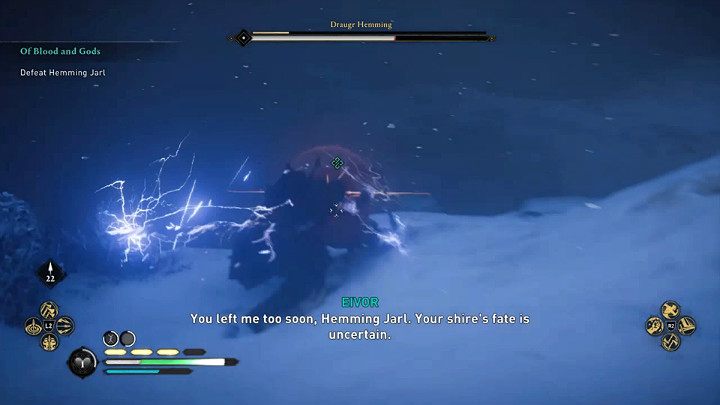 Większość specjalnych ataków Hemminga sygnalizowana jest żółtym rozbłyskiem runy - można je blokować lub parować - Assassins Creed Valhalla: Krew i bogowie/Of Blood and Gods - solucja - Assassins Creed Valhalla - poradnik do gry