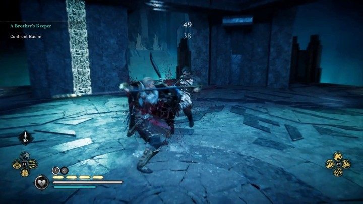 Basim rozpocznie walkę od wyprowadzenia ciosu od góry i spróbuje skoczyć na Eivora z wyższej kondygnacji świątyni - Assassins Creed Valhalla: Stróż brata swego / A Brothers Keeper - solucja - Assassins Creed Valhalla - poradnik do gry