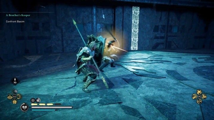 Większość ataków Basima jest sygnalizowana żółtym rozbłyskiem runy - można ich uniknąć lub zablokować - Assassins Creed Valhalla: Stróż brata swego / A Brothers Keeper - solucja - Assassins Creed Valhalla - poradnik do gry