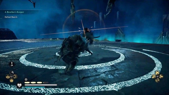 W trakcie drugiej fazy starcia z Basimem musisz po prostu unikać jego szybkich kombinacji ciosów i wyprowadzać kontrataki - Assassins Creed Valhalla: Stróż brata swego / A Brothers Keeper - solucja - Assassins Creed Valhalla - poradnik do gry
