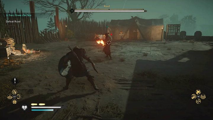 Rued dysponuje także jednym atakiem zasięgowym i postara się trafić w cel podpalonym orężem - Assassins Creed Valhalla: Rued - boss, jak pokonać? - Assassins Creed Valhalla - poradnik do gry