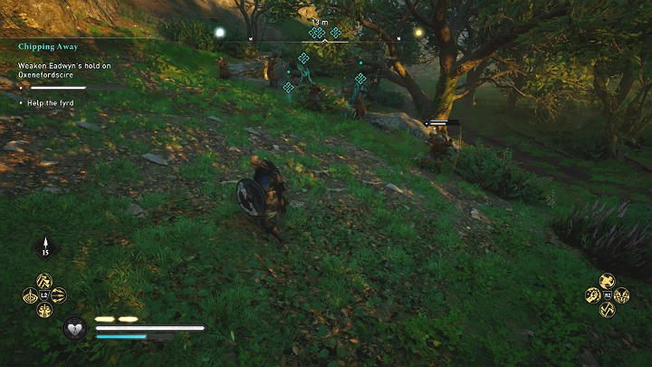 Z rozmowy z nimi dowiesz się, że mężczyźni są ścigani przez ludzi Eadwyny - Assassins Creed Valhalla: Krok po kroku/Chipping Away - solucja, opis przejścia - Assassins Creed Valhalla - poradnik do gry