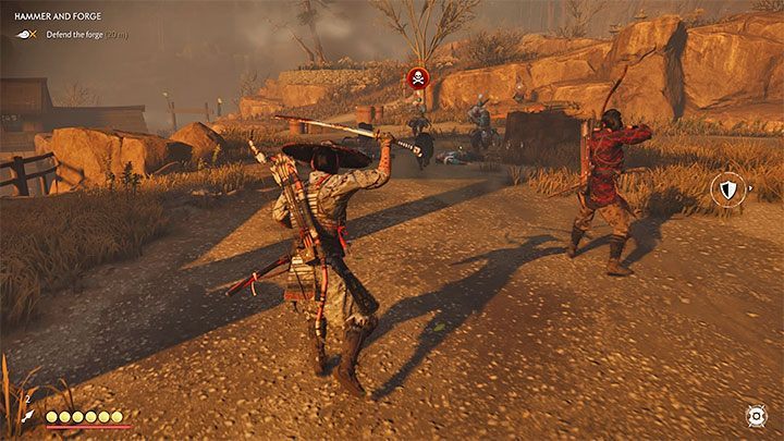 Problematyczni będą także wrogowie z tarczami oraz włóczniami - przełączaj się na postawy umożliwiające skuteczniejsze atakowanie ich - Ghost of Tsushima: Młot i kuźnia (Hammer and Forge) solucja, opis przejścia - Ghost of Tsushima - poradnik do gry