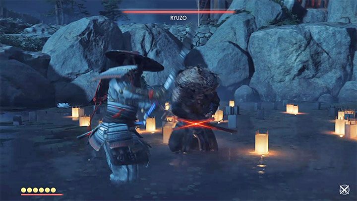 Ryuzo może wyprowadzać standardowe ataki kataną, przy czym najbardziej problematyczne są jego czerwone i niebieskie ataki - Ghost of Tsushima: Cień samuraja (Shadow of the Samurai) solucja, opis przejścia - Ghost of Tsushima - poradnik do gry