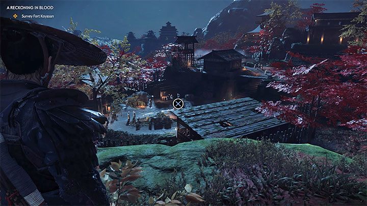 Musisz dotrzeć na wzgórze sąsiądujące z Fortem Koyasan, zlokalizować interaktywny obszar i wykonać zwiad - Ghost of Tsushima: Krwawy sąd (A Reckoning in Blood) solucja, opis przejścia - Ghost of Tsushima - poradnik do gry