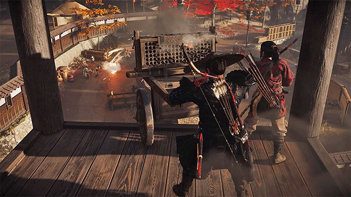 Po tym jak wyeliminujesz operatorów wejdź w interakcję z wieżą hwacha żeby zacząć z niej korzystać i bombardować z jej pomocą przeciwników - Ghost of Tsushima: Losy Cuszimy (The Fate of Tsushima) solucja, opis przejścia - Ghost of Tsushima - poradnik do gry