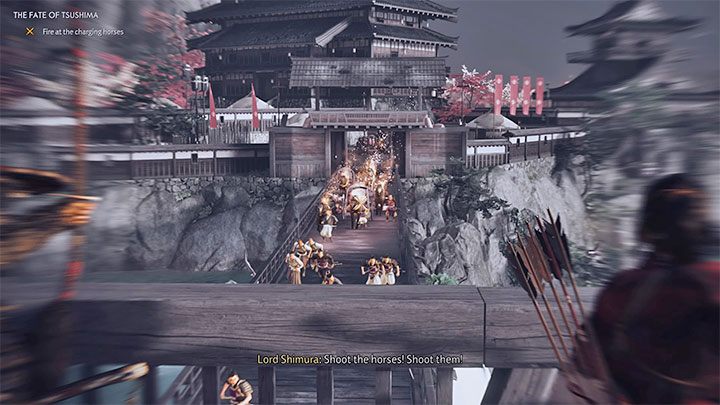 Bohaterowie docelowo muszą dotrzeć do bramy oddzielającej tę część zamku od mostu - Ghost of Tsushima: Losy Cuszimy (The Fate of Tsushima) solucja, opis przejścia - Ghost of Tsushima - poradnik do gry