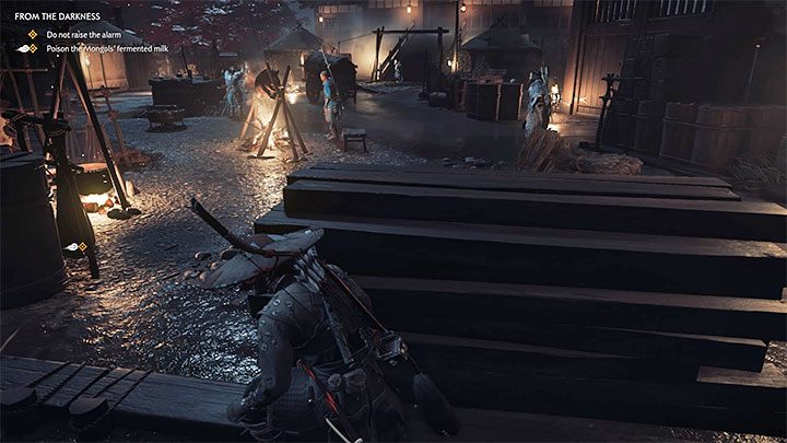 Obejdź główną część obozu od lewej strony starając się pozostać w cieniu - Ghost of Tsushima: Z ciemności (From the Darkness) solucja, opis przejścia - Ghost of Tsushima - poradnik do gry