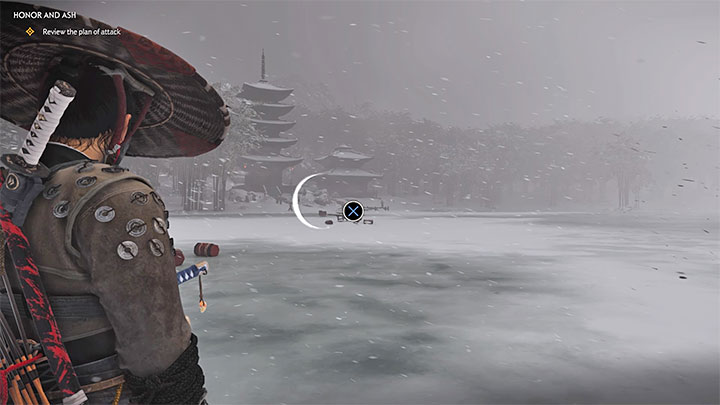 Dotrzyj do nowego oznaczonego przez grę punktu widokowego, z którego widać zamarznięte jezioro oraz okupowaną przez Mongołów świątynię - Ghost of Tsushima: Honor i popiół (Honor and Ash) solucja, opis przejścia - Ghost of Tsushima - poradnik do gry