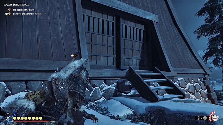 Po dostatecznym zbliżeniu się do latarni morskiej zaczekaj aż przy głównym wejściu do niej zatrzyma się dwóch strażników - Ghost of Tsushima: Nadciągająca burza (A Gathering Storm) solucja - Ghost of Tsushima - poradnik do gry