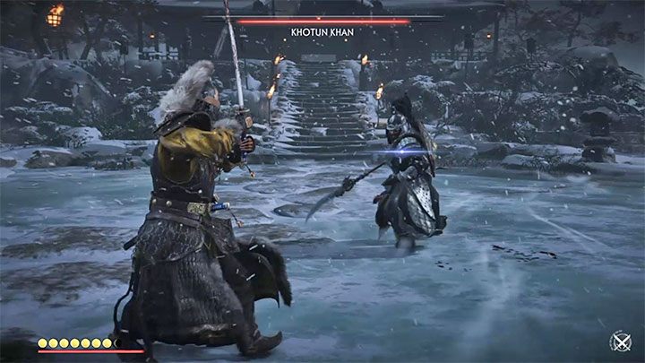 Po tym jak po raz pierwszy załączy się animacja siłowania się Jina z Chanem boss zacznie też stosować niebieskie ataki - Ghost of Tsushima: Wiecznie błękitne niebo (Eternal Blue Sky) solucja - Ghost of Tsushima - poradnik do gry