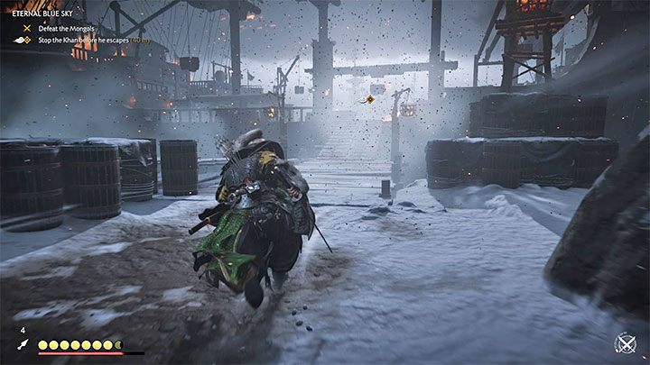 Musisz kierować się w stronę dużego statku zacumowanego w porcie, bo to tam uciekł Chan - Ghost of Tsushima: Wiecznie błękitne niebo (Eternal Blue Sky) solucja - Ghost of Tsushima - poradnik do gry