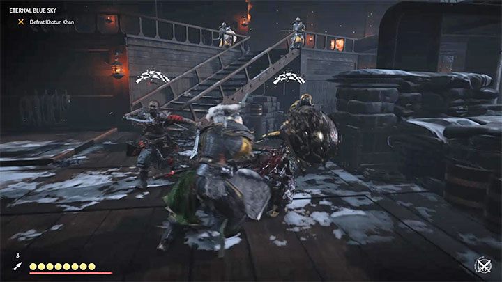 Po rozpoczęciu pierwszej fazy bitwy skup się najpierw na atakowaniu i zabijaniu podrzędnych przeciwników przebywających na pokładzie statku - Ghost of Tsushima: Wiecznie błękitne niebo (Eternal Blue Sky) solucja - Ghost of Tsushima - poradnik do gry