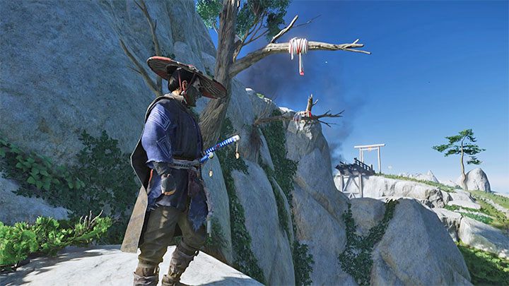 Liny z hakiem używa się na białych lub biało-czerwonych interaktywnych zaczepach - przykładowe pokazuje dołączony obrazek - Ghost of Tsushima: Jak zdobyć linę z hakiem? - Ghost of Tsushima - poradnik do gry