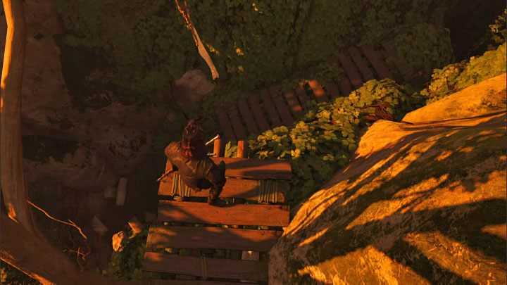 Przebiegnijcie po deskach i po dotarciu na drugi koniec tej półki zeskoczcie na niższą ścieżkę - Ghost of Tsushima Iki Island: Kapliczka Nakajima (Nakajima Shrine) - Ghost of Tsushima - poradnik do gry