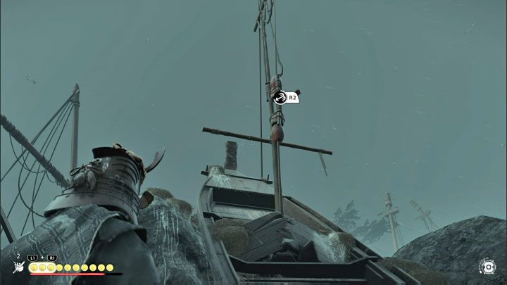 W kolejnym obszarze użyjcie liny z hakiem na maszcie - musicie przytrzymać najpierw R2 i następnie L2 - Ghost of Tsushima Iki Island: Dziedzictwo Kazumasy Sakaia - opis przejścia - Ghost of Tsushima - poradnik do gry