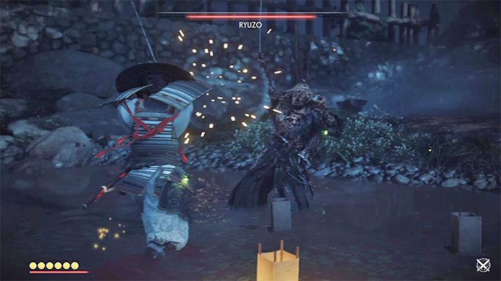 Bossa możesz osłabiać seriami 2-3 ciosów kataną wyprowadzanymi po uniknięciu lub sparowaniu jego ataków - Ghost of Tsushima: Ryuzo - boss, jak pokonać - Ghost of Tsushima - poradnik do gry