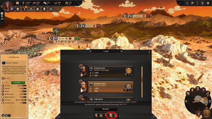 Aby zrekrutować Bohatera dla swojej kolejnej armii w grze Total War Troy musisz najpierw wybrać jedną ze swoich osad, a następnie kliknąć na mały przycisk u dołu ekranu Zwerbuj Bohatera - Total War Troy: Druga armia - jak zwerbować Bohatera? - Total War Troy - poradnik do gry