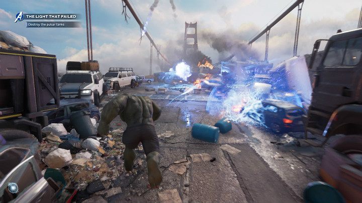 Gdy sytuacja na moście Golden Gate Bridge dodatkowo się skomplikuje, a przeciwnik wytoczy ciężkie działa do akcji wskoczy Hulk - Marvels Avengers: Światło, które zgasło/The light that failed - solucja - Marvels Avengers - poradnik do gry