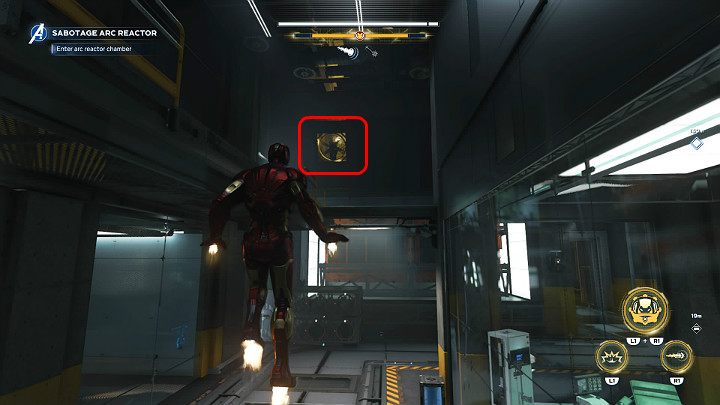 Trzeci przycisk znajdziesz dokładnie po drugiej stronie pomieszczenia, również pod sufitem, jak w przypadku drugiego przycisku - Marvels Avengers: Samotnie przeciwko AIM/Alone against AIM - solucja - Marvels Avengers - poradnik do gry