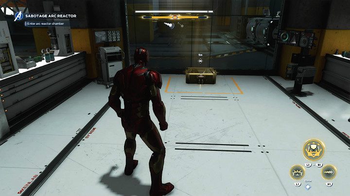 W zamkniętym pomieszczeniu znajdziesz złotą skrzynię, a w niej zasoby i rzadki przedmiot lepszej jakości - Marvels Avengers: Samotnie przeciwko AIM/Alone against AIM - solucja - Marvels Avengers - poradnik do gry