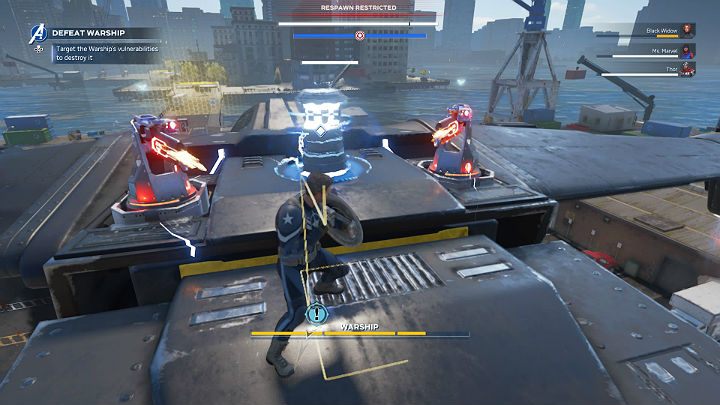 Zniszczenie wywietrzników spowodowało, że na szczycie okrętu ponownie pojawiły się wieżyczki strzelnicze i generator pola siłowego - Marvels Avengers: Okręt Bojowy/Warship - boss, jak pokonać? - Marvels Avengers - poradnik do gry