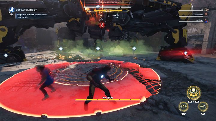 Bot Bojowy będzie starał się zdeptać Avengersów więc gdy tylko podniesie jedną z nóg do góry i na ziemi pojawi się czerwony okrąg odsuń się na bezpieczną odległość - Marvels Avengers: Agonia i Mrowisko/Agony and the Ant Hill - solucja - Marvels Avengers - poradnik do gry