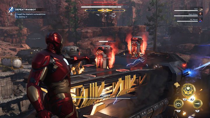 Na samym końcu zawiśnij w powietrzu w pobliżu Bota Bojowego i zniszcz 3 kapsuły na jego grzbiecie, by ponownie powalić go na ziemię - Marvels Avengers: Agonia i Mrowisko/Agony and the Ant Hill - solucja - Marvels Avengers - poradnik do gry