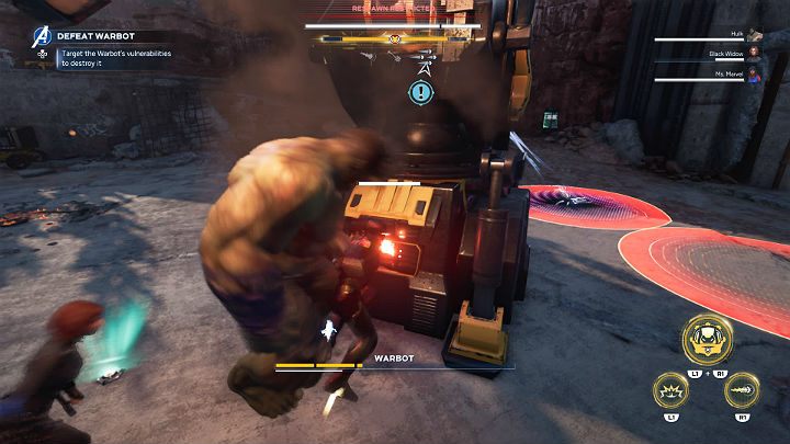 Wywietrzniki na przedniej i tylnej części nóg Bota Bojowego możesz zniszczyć jeden po drugim i metodycznie przechodzić do kolejnych odnóży - Marvels Avengers: Bot Bojowy/Warbot - boss, jak pokonać? - Marvels Avengers - poradnik do gry