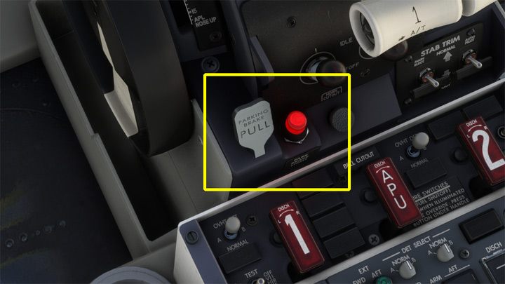 Zaciągnijcie hamulec parkingowy przytrzymując hamulce kołowe i klikając na dźwignię Parking Brake PULL - PMDG 737: Cold Start i plan lotu w FMC - Microsoft Flight Simulator 2020 - poradnik do gry