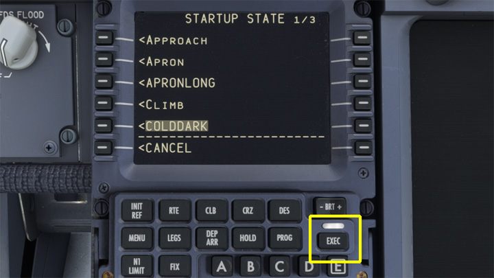 Po wybraniu nazwy stanu, koniecznie potwierdźcie wybór przyciskiem EXEC - PMDG 737: Jak ustawić Cold and Dark na stałe? - Microsoft Flight Simulator 2020 - poradnik do gry