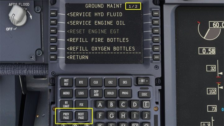 Serwis techniczny samolotu to dwie strony różnych czynności, między którymi poruszamy się przyciskami PREV PAGE / NEXT PAGE - PMDG 737: Ground Maintenance - serwis techniczny (FS Actions) - Microsoft Flight Simulator 2020 - poradnik do gry