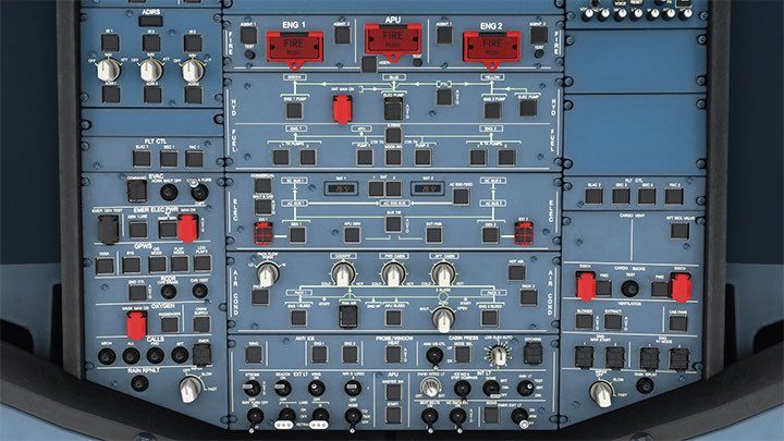 Górny panel zwany Overhead pełen jest skomplikowanie wyglądających przełączników - Flight Simulator: Samolot pasażerski - kokpit - Microsoft Flight Simulator 2020 - poradnik do gry