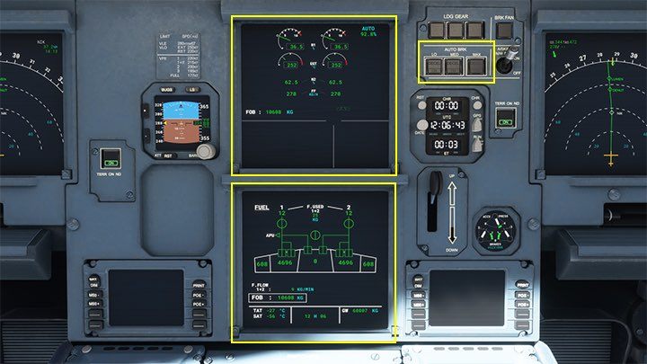 Środkowe monitory pokazują stan techniczny samolotu - Flight Simulator: Samolot pasażerski - kokpit - Microsoft Flight Simulator 2020 - poradnik do gry